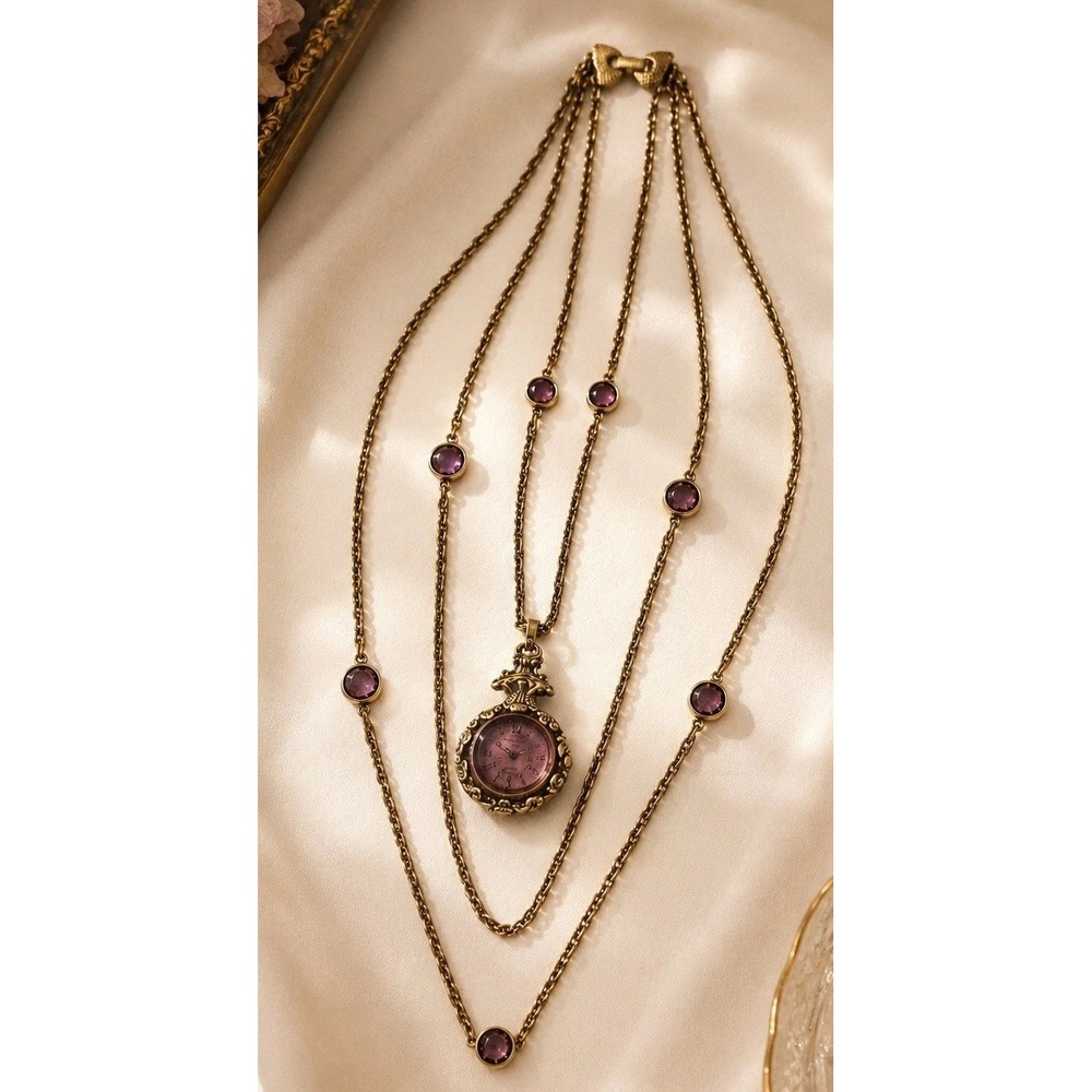 Vintage Ornate Gold Tone Triple Strand Layered Necklace Purple Watch Pendant